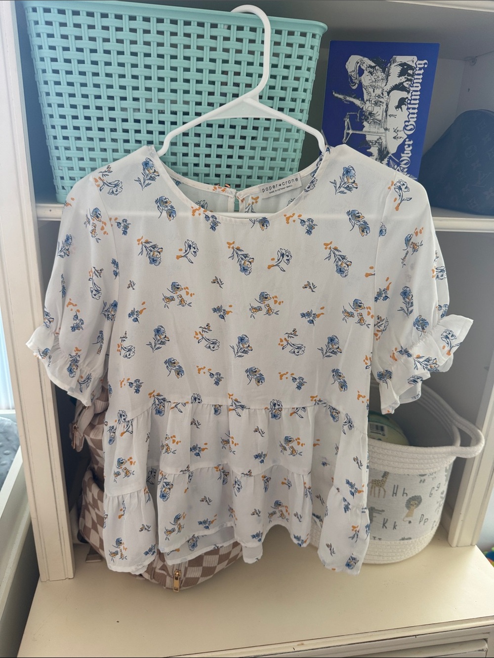 Paper Crane White Floral Ruffle Peplum Blouse with Blue and Yellow Print